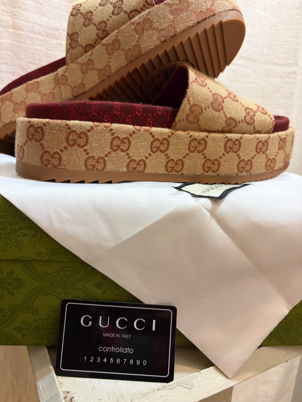 Gucci monogram Brown GG Canvas Platform Slide Sandals with Burgundy Insole - Picture 10 of 14